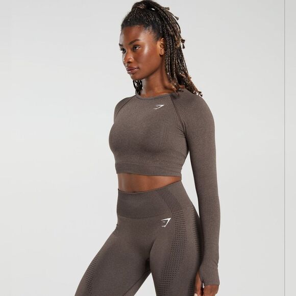 Gymshark Vital Seamless 2.0 Long Sleeve Crop Top Size S in Brown Marl NWT in pac - Picture 3 of 7